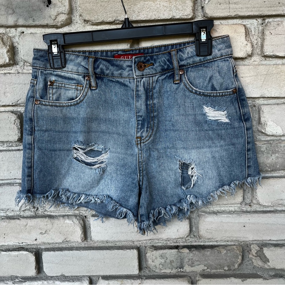 Guess distressed jean short shorts with flower back pocket